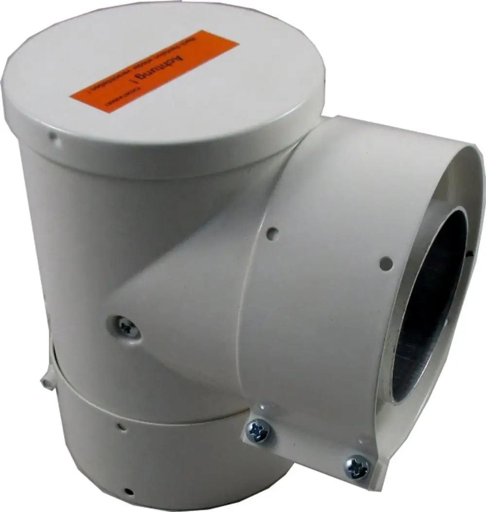 Weißes T-Stück mit zwei Anschlüssen, verwendet für die Verbindung zu Gasthermen. Das Produkt gehört zur Marke Wolf und ist für die Installation in Heizsystemen vorgesehen.